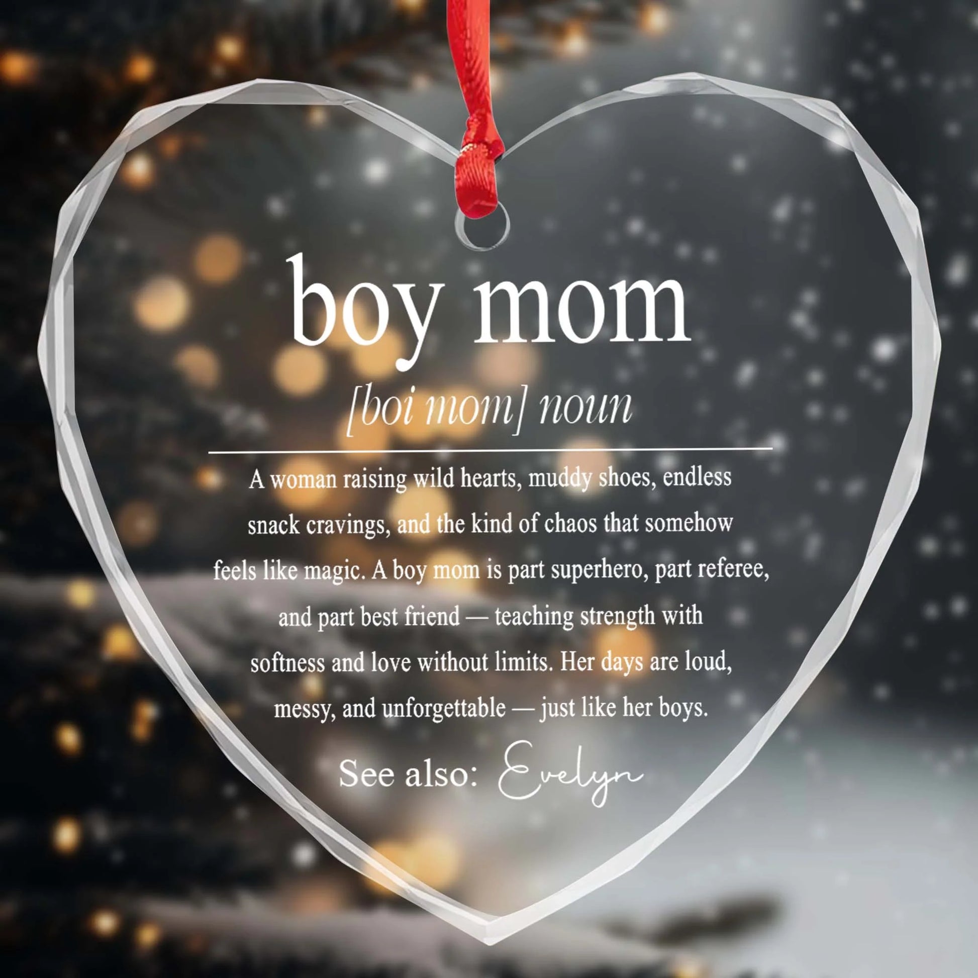 Boy Mom Heart Glass Ornament for Mom with personalized design details for meaningful gifting image 7