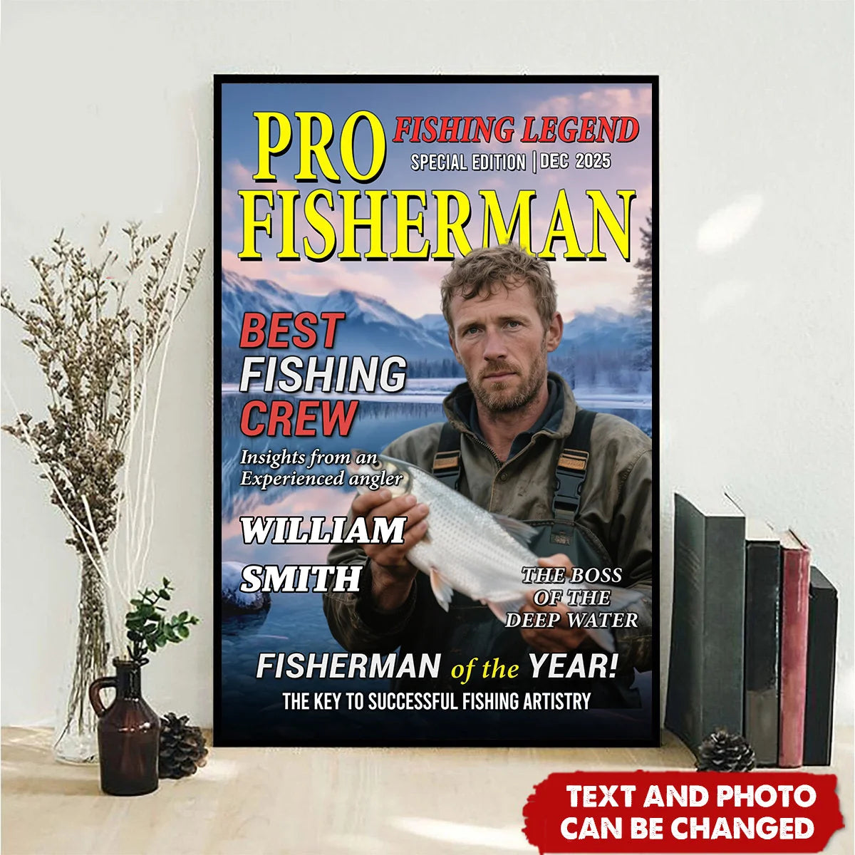 Pro Fisherman Magazine Cover Personalized Canvas / Poster - Custom Fishing Photo Gift for Dad & Grandpa