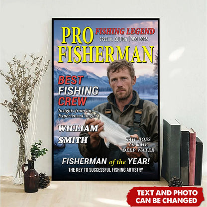 Pro Fisherman Magazine Cover Personalized Canvas / Poster - Custom Fishing Photo Gift for Dad & Grandpa