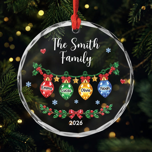 Christmas Lights Personalized Family Name Glass Ornament - Holiday Keepsake for Family