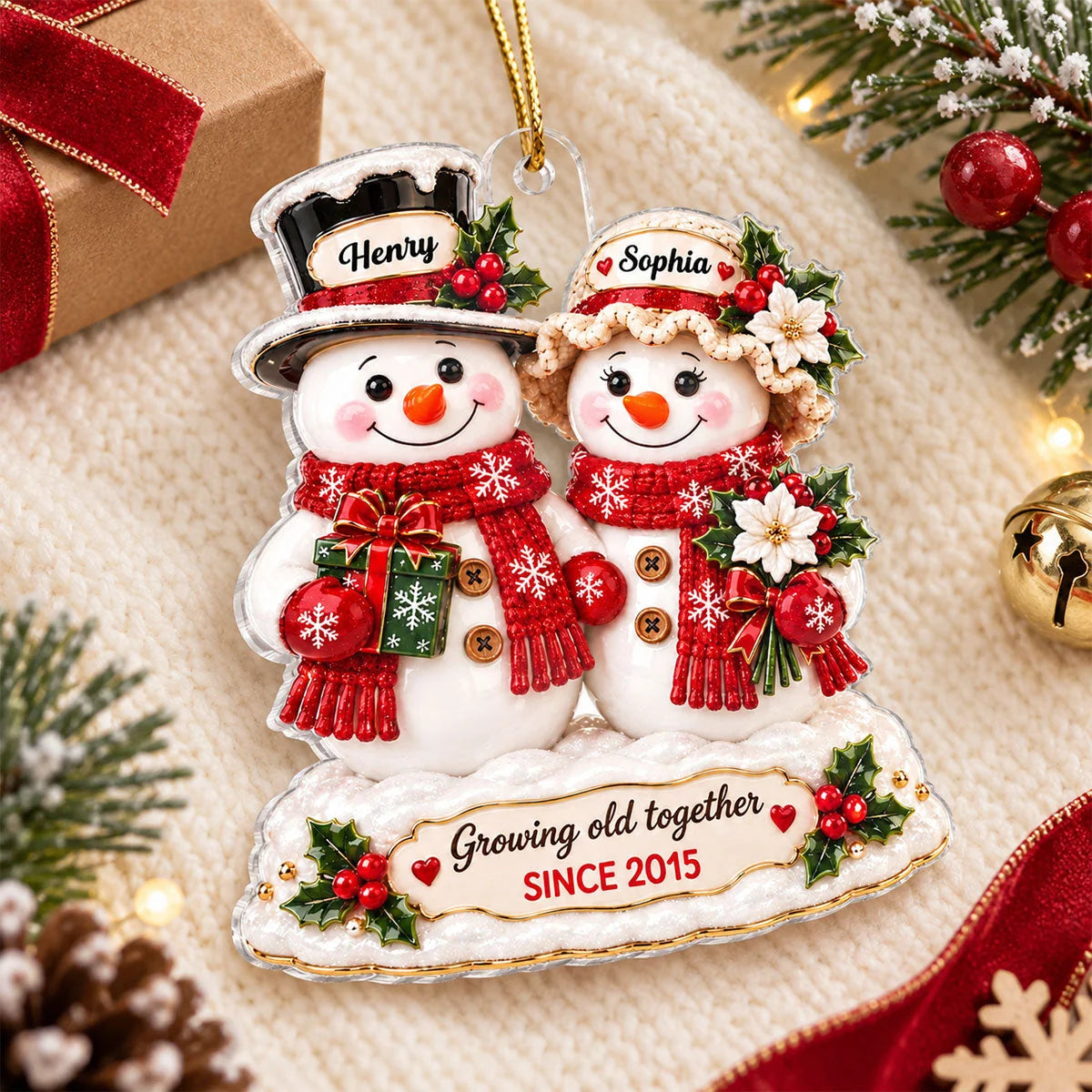 "Growing Old Together" Snowman Couple Personalized Acrylic Ornament - Christmas Gift for Couples