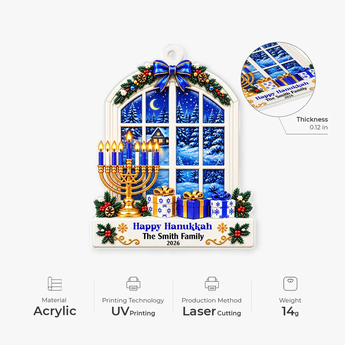 Happy Hanukkah Personalized Acrylic Ornament - Custom Holiday Keepsake Gift for Family