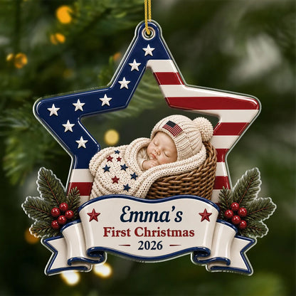 Baby's First Christmas Personalized Acrylic Ornament - Patriotic USA Star Holiday Keepsake