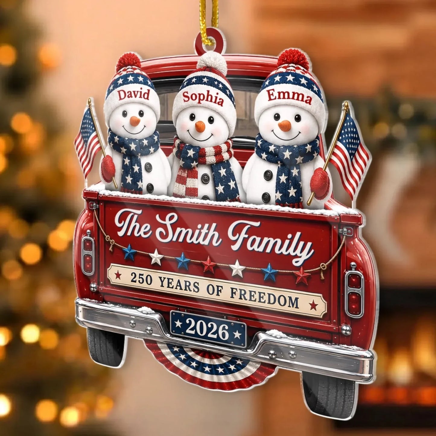 250 Years of Freedom Patriotic Family Truck - Personalized Christmas Acrylic Ornament Gift for Family