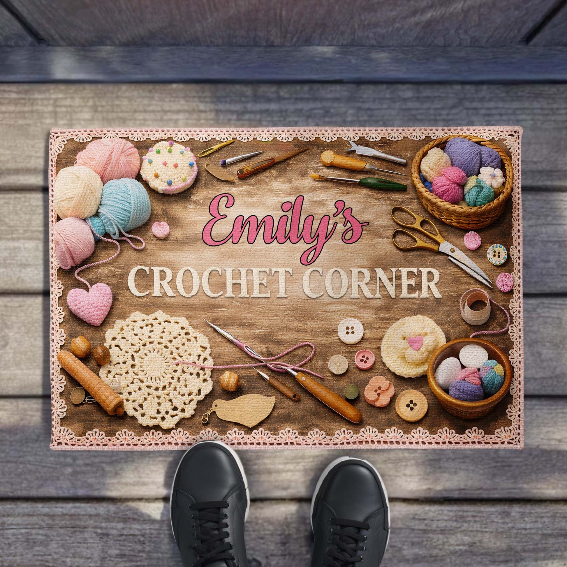 Personalized Crochet Corner doormat with colorful yarn balls and knitting tools, custom name gift for crafters
