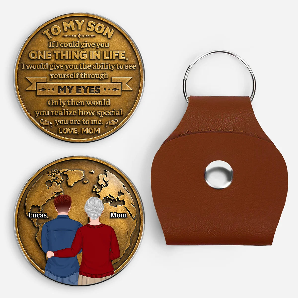 Personalized pocket hug keychain with stainless steel token and leather pouch - unique keepsake gift for son or daughter