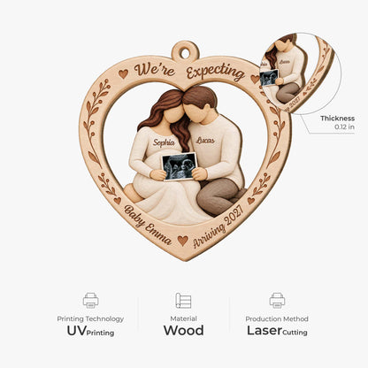 "We're Expecting" Personalized Wooden Ornament - Custom Ultrasound Photo Christmas Keepsake for Expecting Parents