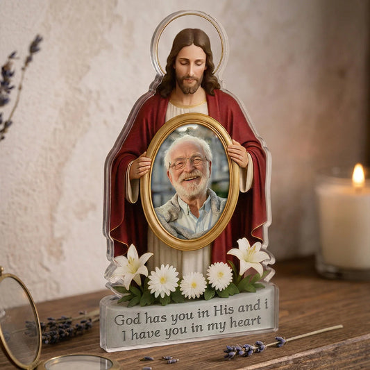 Personalized jesus memorial plaque holding a custom photo frame with comforting bereavement quotes