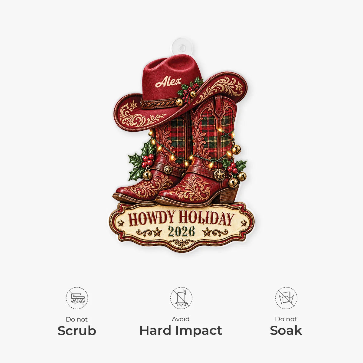 "Howdy Holiday" Cowboy Boots Personalized Acrylic Ornament - Custom Christmas Tree Keepsake