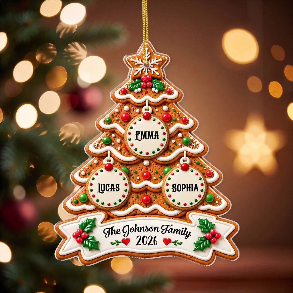 Custom Gingerbread Family Tree Acrylic Ornament - Personalized Holiday Keepsake Gift