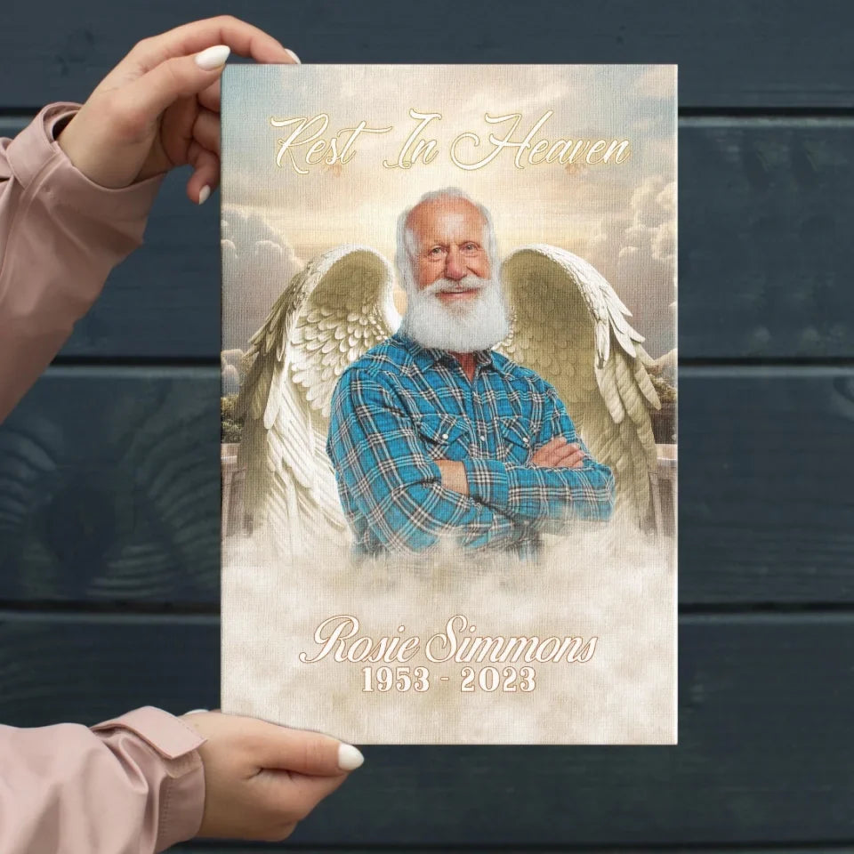 "Rest in Heaven" Personalized Angel Wings Memorial Photo Canvas / Poster – A Loving Tribute for Family
