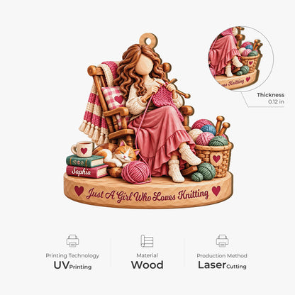 Just A Girl Who Loves Knitting Personalized Wooden Ornament - Custom Craft Gift for Her
