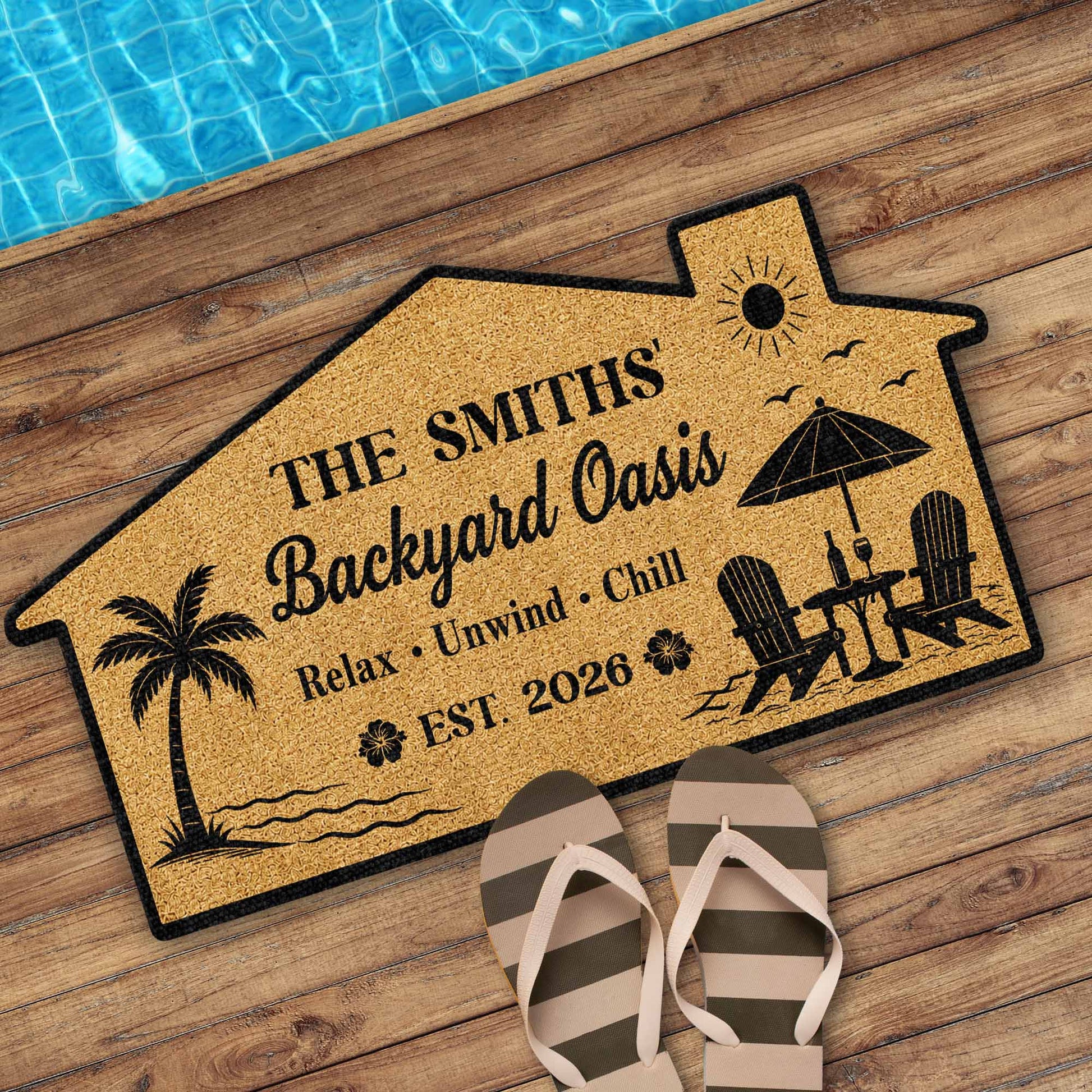 Custom shaped welcome mat featuring beach chairs and palm trees for front porch decor.