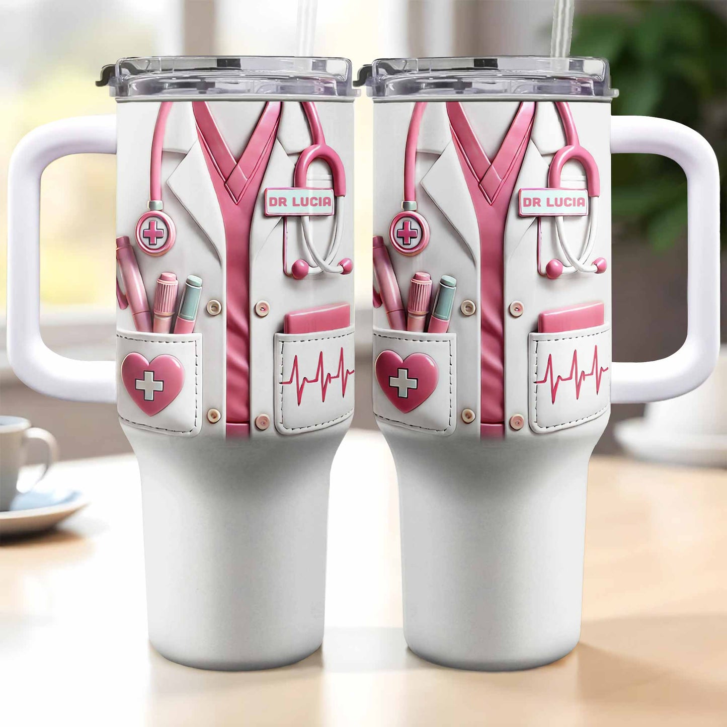 Personalized nurse 40oz tumbler featuring a custom pink medical scrubs design with stethoscope and heartbeat line. image 6