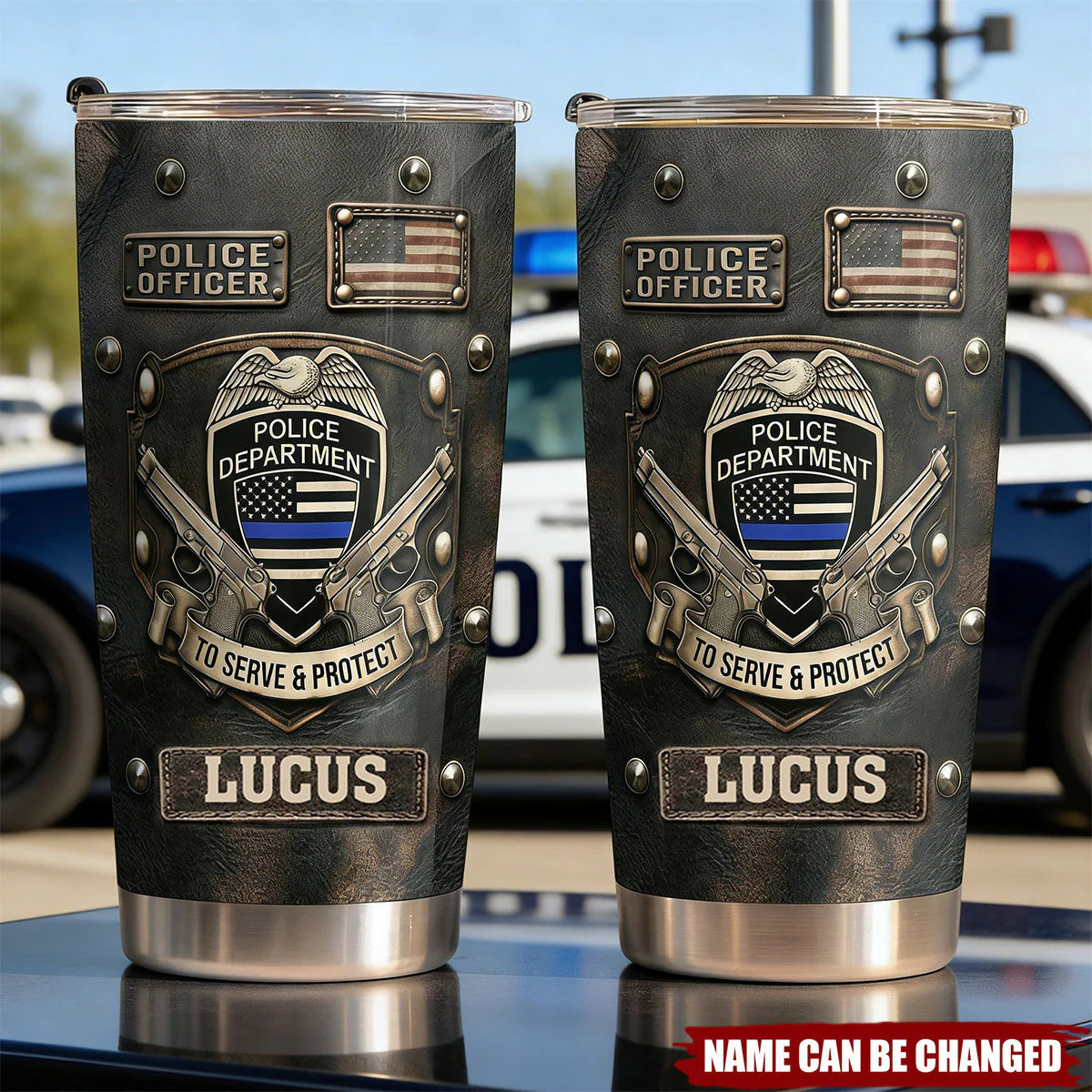 Personalized police officer gift stainless steel tumbler with thin blue line badge design