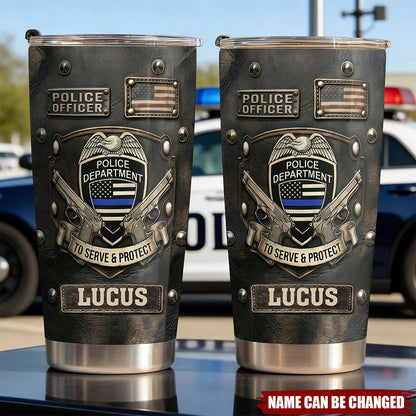 Personalized police officer gift stainless steel tumbler with thin blue line badge design