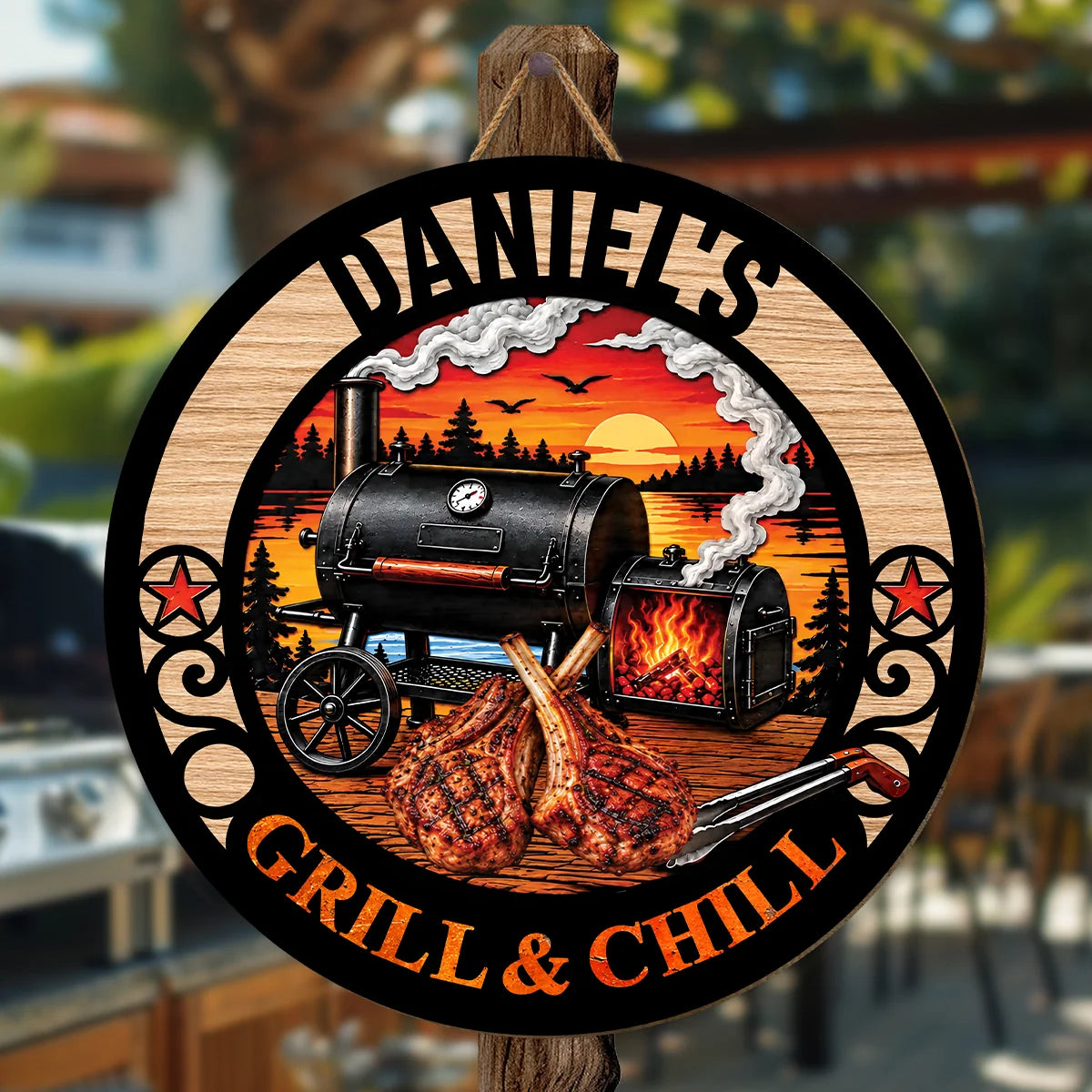 Grill and Chill Personalized Wood Sign - Custom Smoker BBQ Patio Art Gift