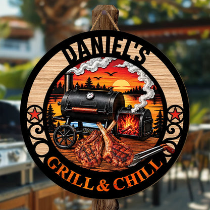 Grill and Chill Personalized Wood Sign - Custom Smoker BBQ Patio Art Gift