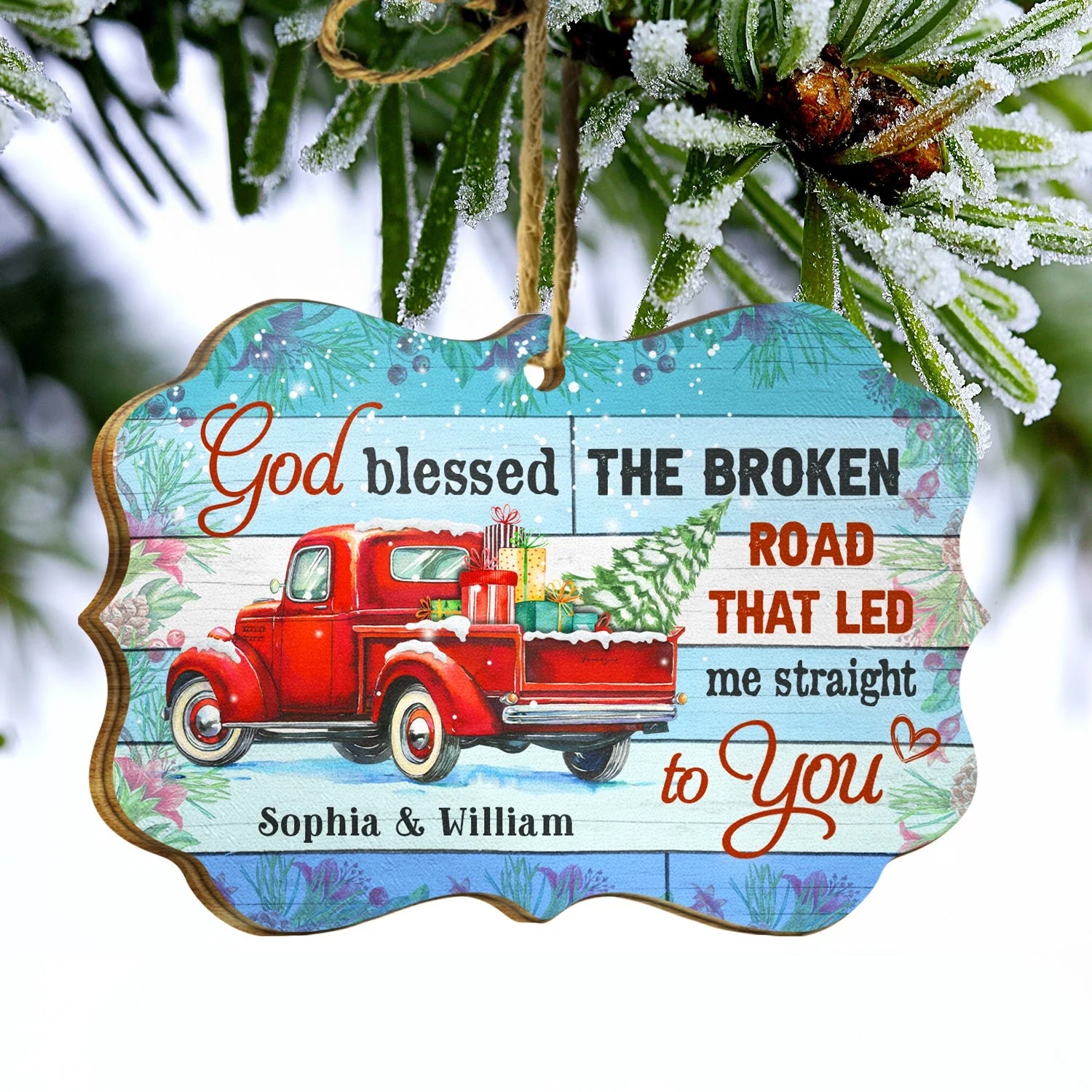"God Blessed The Broken Road" Personalized Couple Wooden Ornament - Custom Christmas Keepsake Gift for Husband Wife