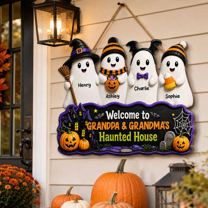 Welcome To Grandma Grandpa Haunted House Sign - Personalized Ghost Family Wood Sign Decor