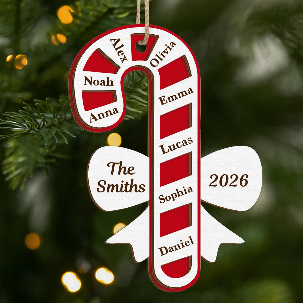 Custom Candy Cane Family Name Wooden Ornament - Personalized Christmas Tree Keepsake