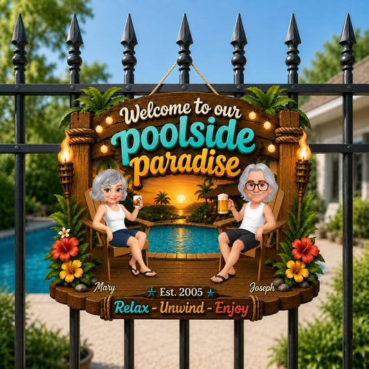 Custom poolside paradise wood sign with tropical design for personalized outdoor summer backyard decor