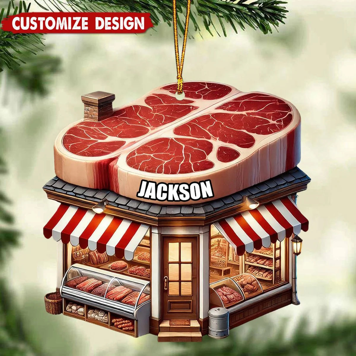 Personalized Butcher Shop Christmas Wooden Ornament - Custom Name Holiday Keepsake for Meat Lovers