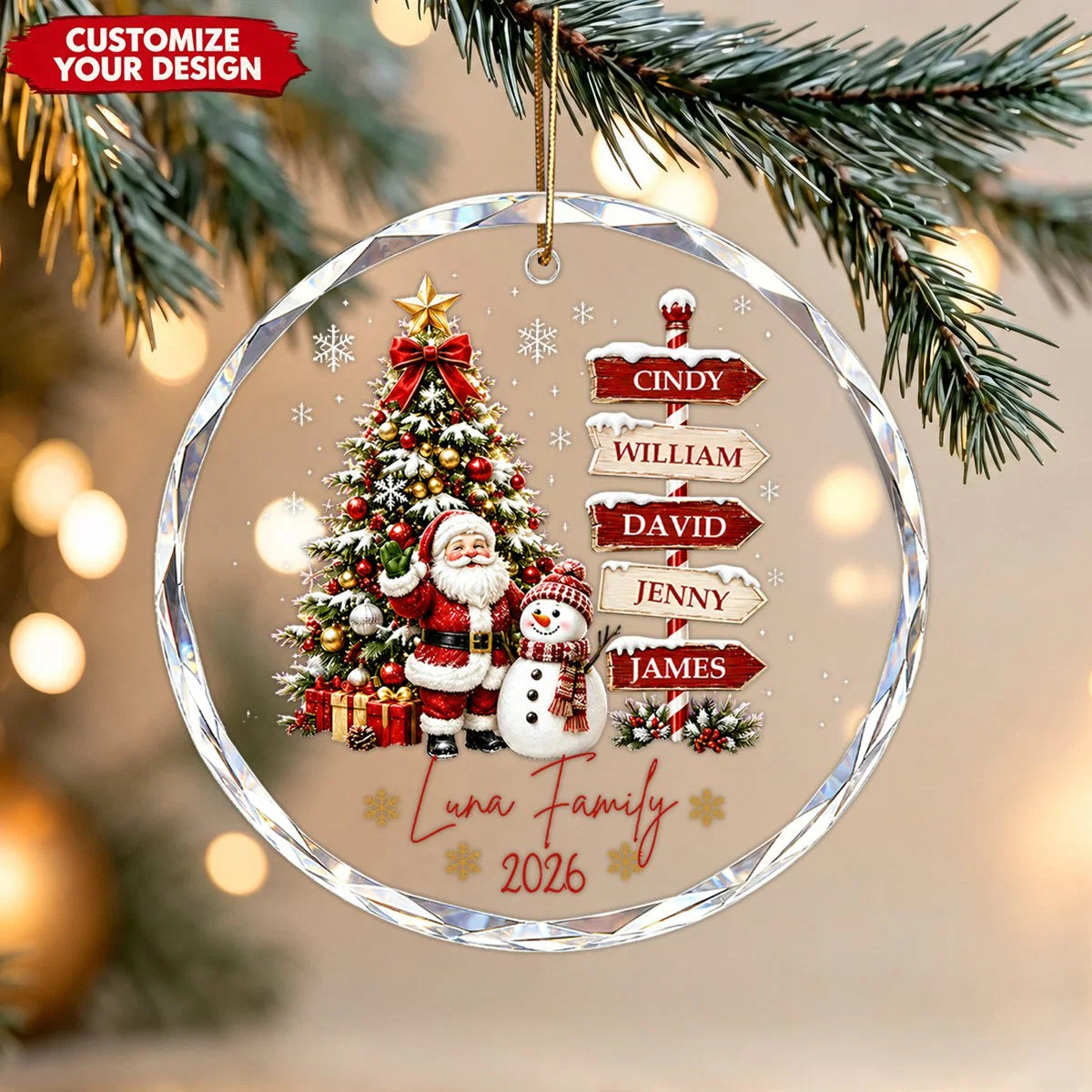 Personalized Family Signpost Glass Ornament - Custom Name Keepsake Christmas Gift