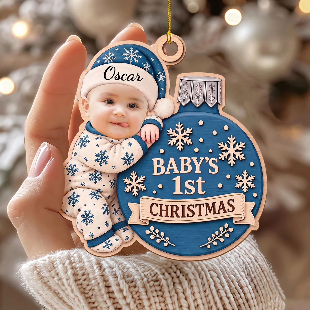Baby's 1st Christmas Personalized Photo Wooden Ornament - Keepsake for New Parents and Family