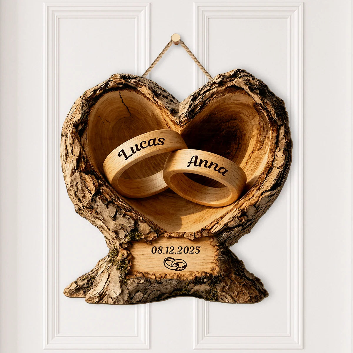 Personalized Wedding Rings Heart Wood Sign - Custom Anniversary Keepsake for Couples