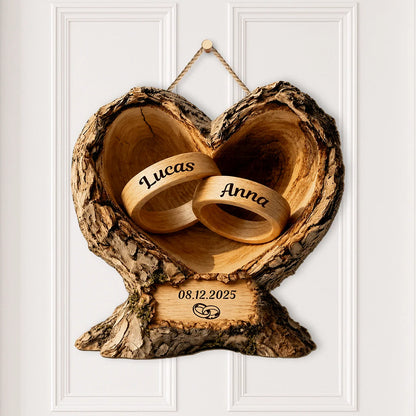 Personalized Wedding Rings Heart Wood Sign - Custom Anniversary Keepsake for Couples