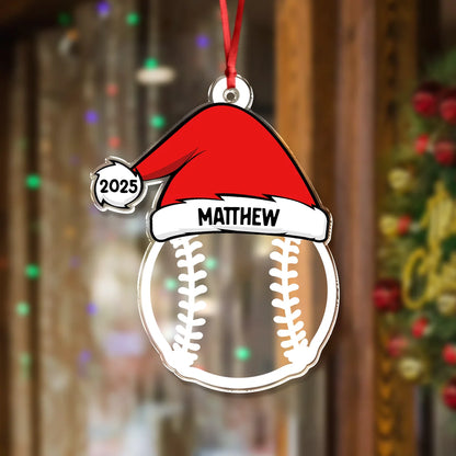 Custom Sports Santa Hat Acrylic Ornament - Personalized Baseball & Volleyball Christmas Keepsake Gift