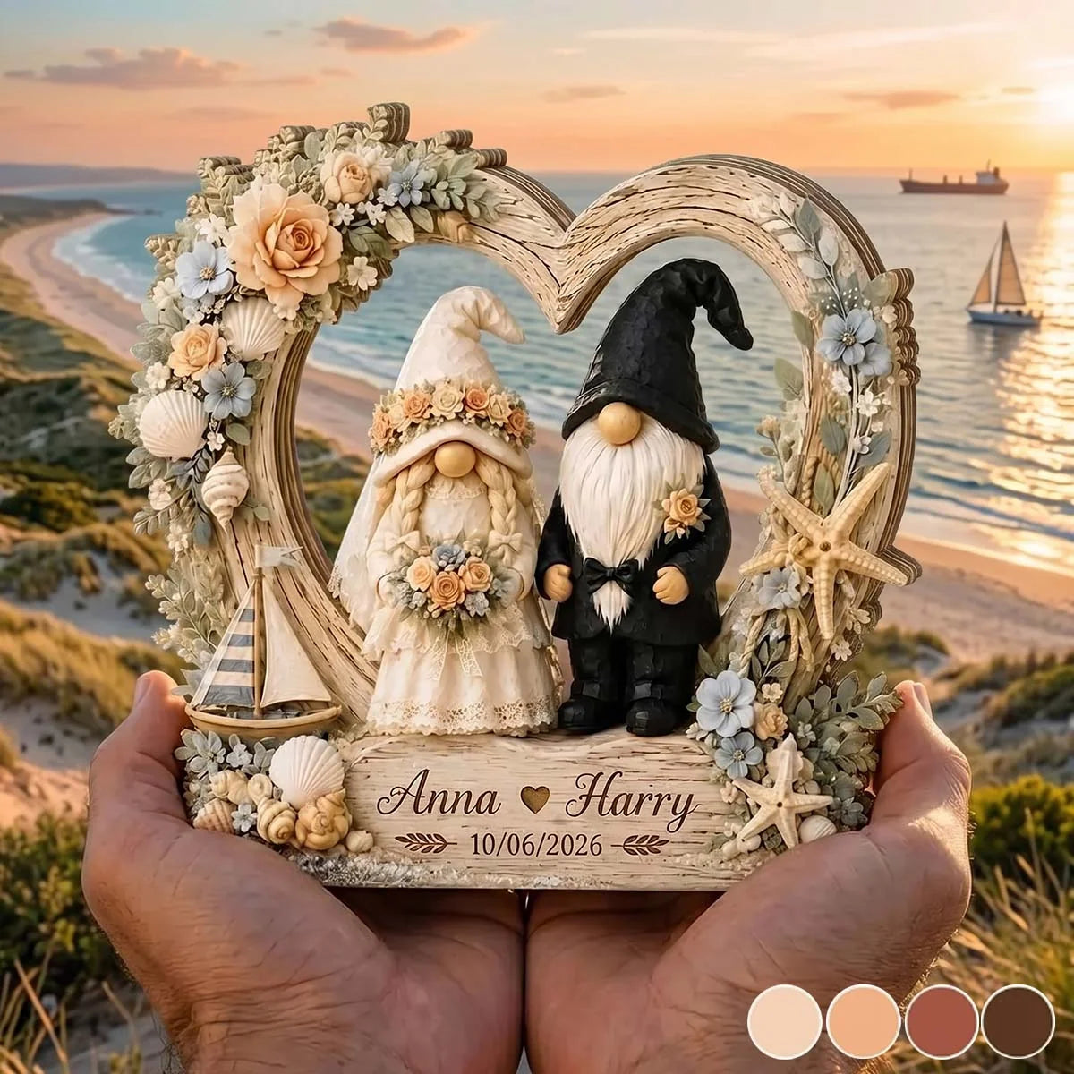 Personalized Coastal Gnome Couple Heart Wooden Block - Custom Beach Wedding & Anniversary Keepsake Gift