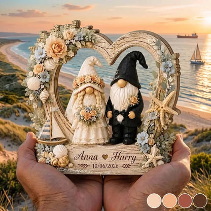 Personalized Coastal Gnome Couple Heart Wooden Block - Custom Beach Wedding & Anniversary Keepsake Gift