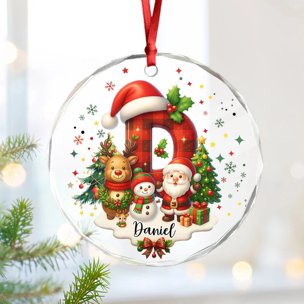 Personalized Christmas Glass Ornament with Buffalo Plaid Letter & Name - Custom Holiday Gift for Kids & Family