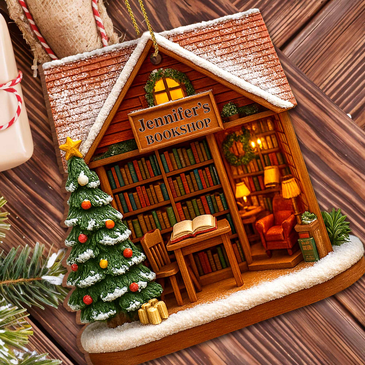 Charming Bookshop Personalized Wooden Ornament - Custom Book Lover Christmas Keepsake Gift