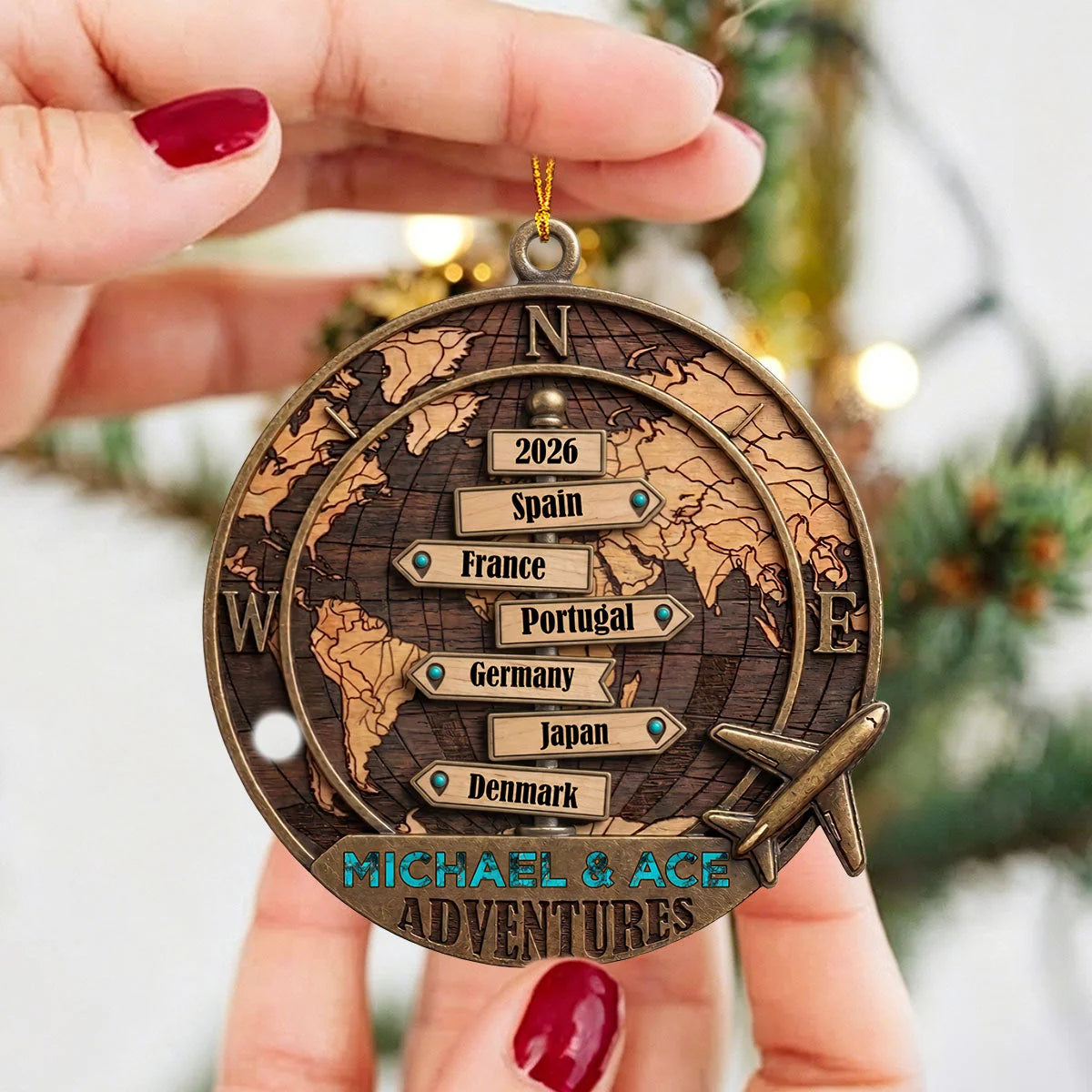 Personalized Travel Wooden Ornament - Custom World Map Keepsake