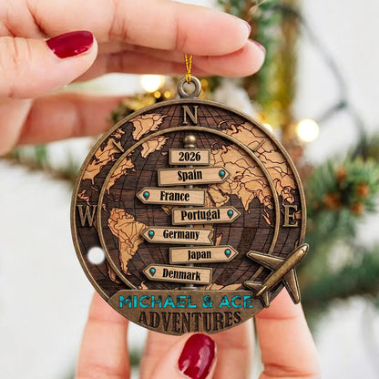 Personalized Travel Wooden Ornament - Custom World Map Keepsake