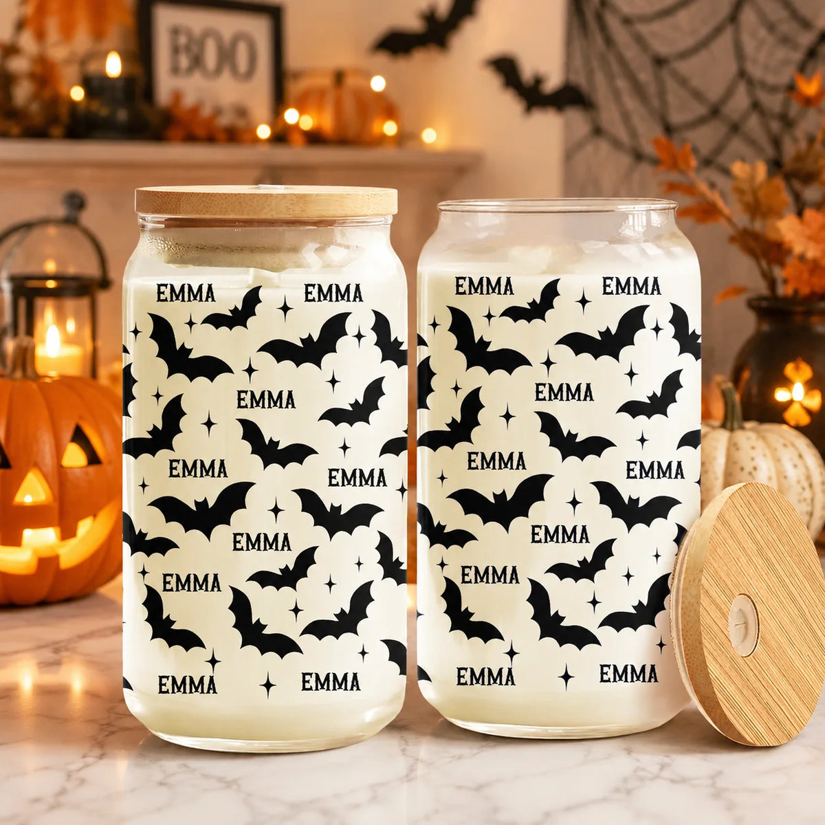 Spooky Season Bats Personalized Halloween Glass Can Cup - Cute Custom Fall Gift For Her