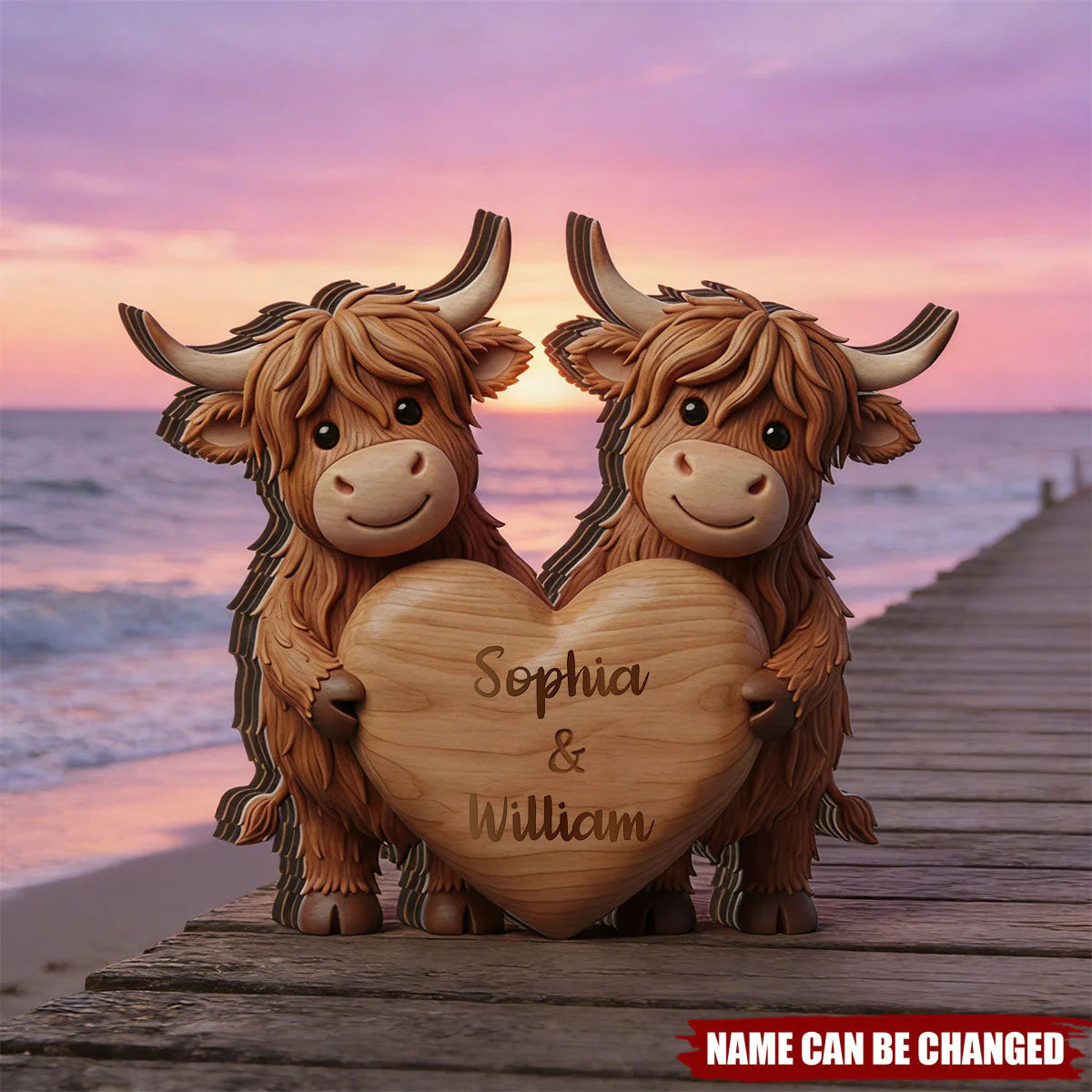 Custom Highland Cow Couple Wood Plaque for Couples with personalized design details for meaningful gifting