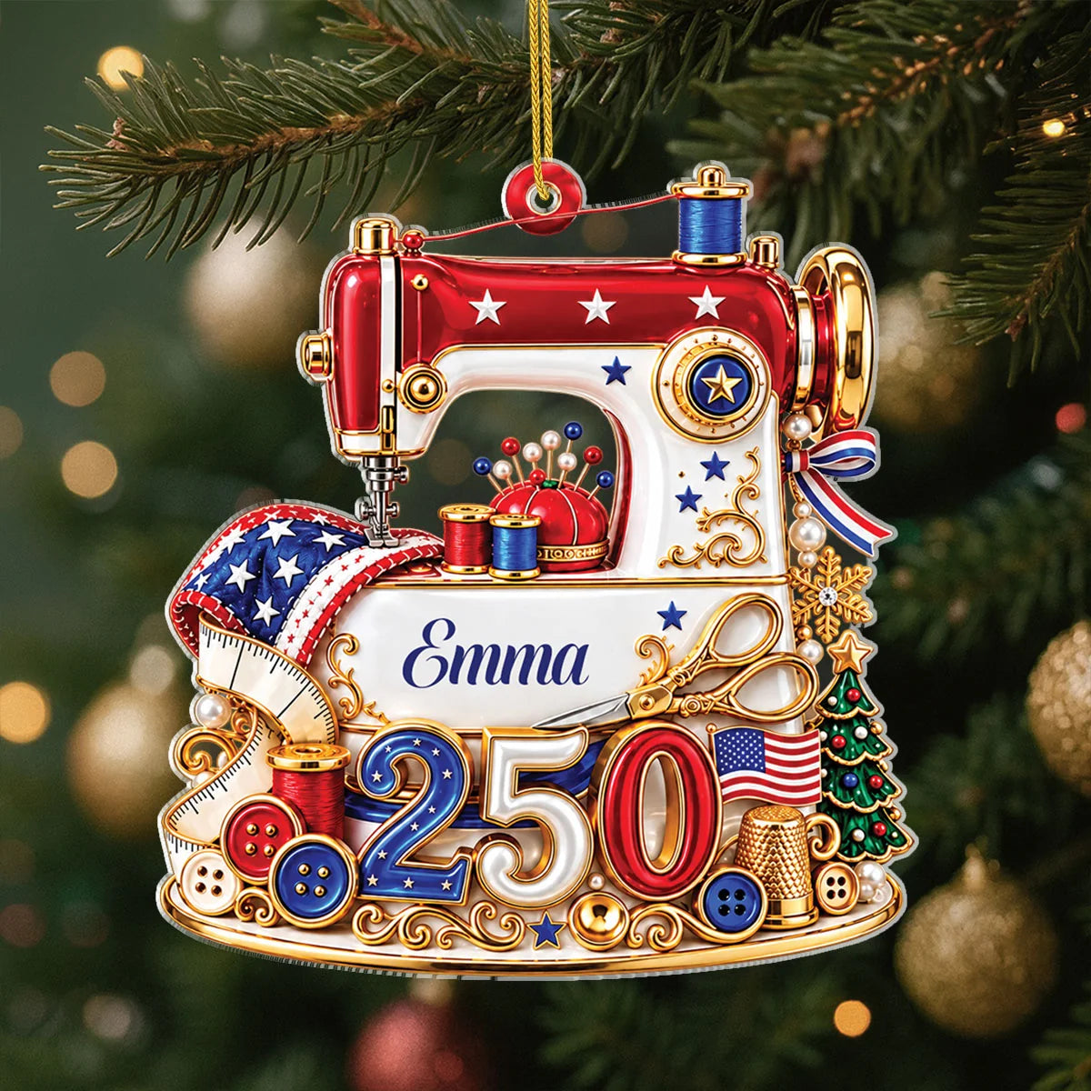 USA 250th Sewing Machine Personalized Acrylic Ornament - Mom Christmas Keepsake