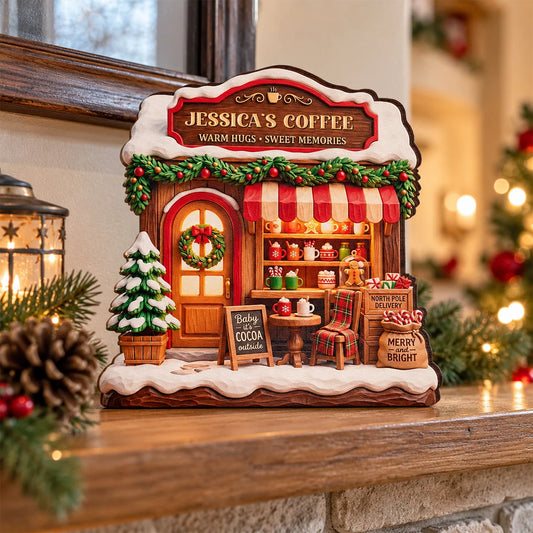 Warm Hugs Sweet Memories Coffee House - Custom Wooden Block for Family Christmas Decor