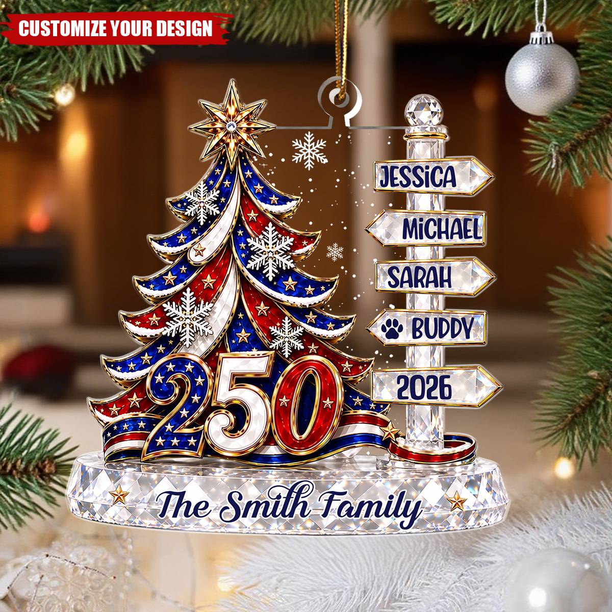 Custom Patriotic Family Signpost Acrylic Ornament - Personalized Christmas 250 Years Gift
