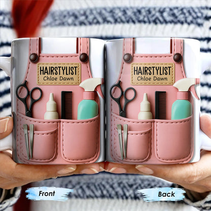 Personalized hairstylist mug with custom pink apron print containing scissors and comb - perfect gift for beauticians image 6