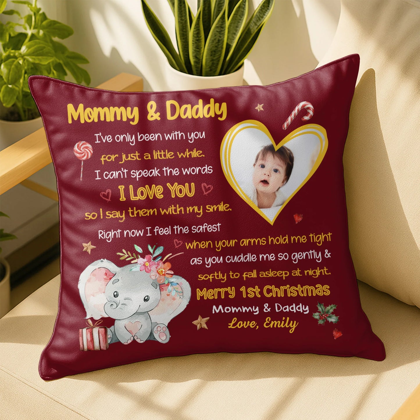 Merry 1st Christmas With Elephant, Flowers And Heart