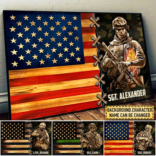 Personalized military veteran canvas art with custom soldier name and American flag backdrop for wall decor