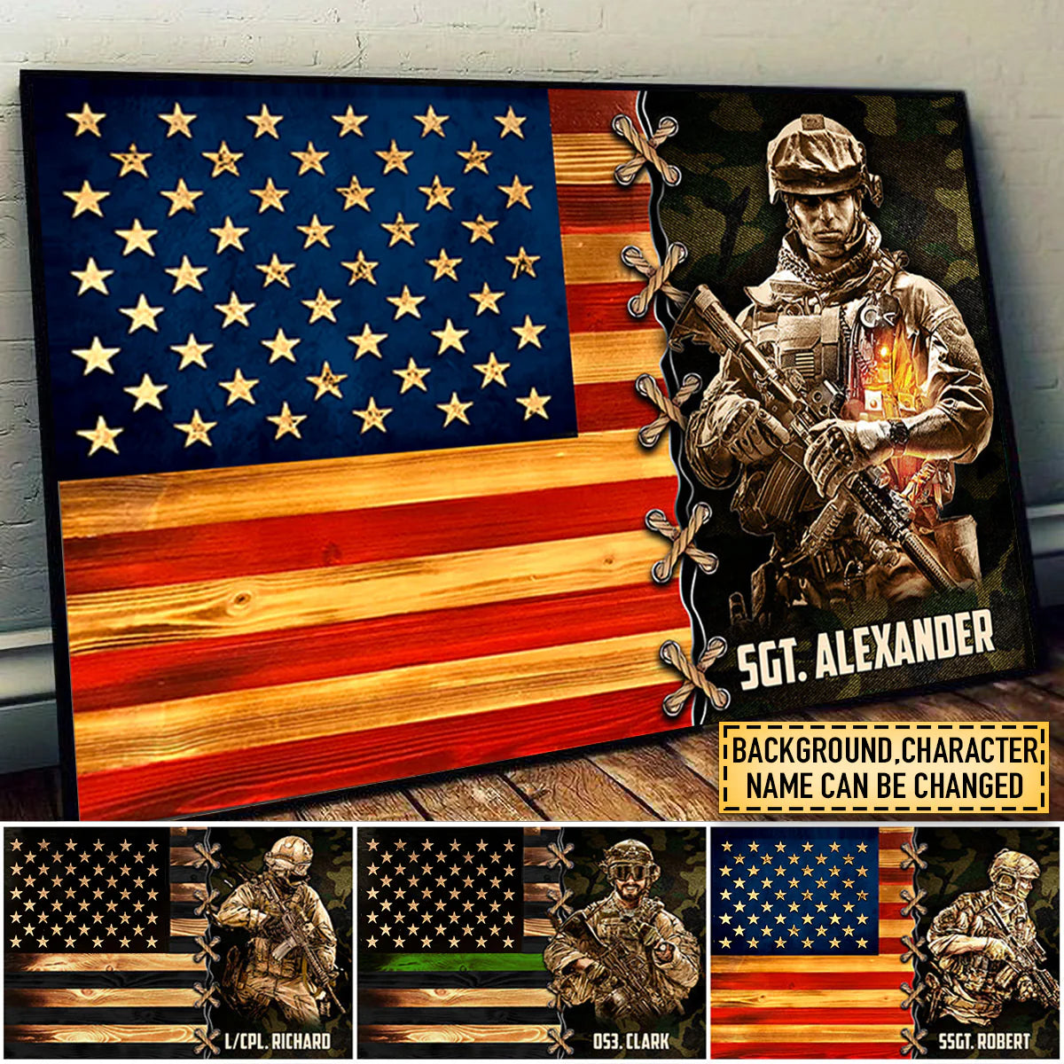 Personalized military veteran canvas art with custom soldier name and American flag backdrop for wall decor
