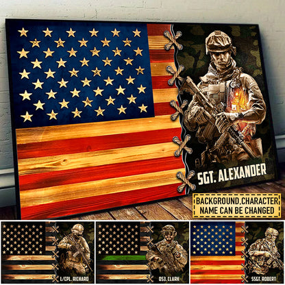 Personalized military veteran canvas art with custom soldier name and American flag backdrop for wall decor