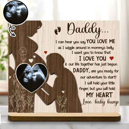 Custom Baby Bump Ultrasound Wood Plaque for Dad with personalized design details for meaningful gifting