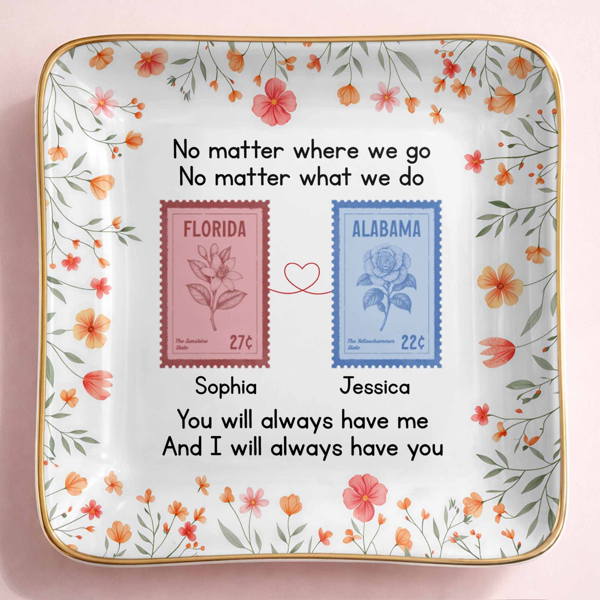 Personalized long distance friendship jewelry dish with floral state stamps for best friends image 8